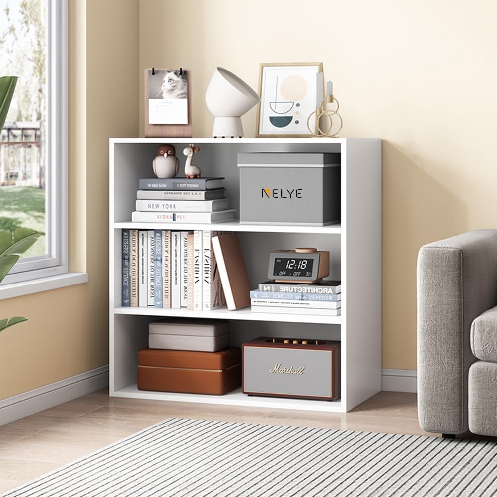 NELYÉ Open Shelf Bookcase - 3-Tier Wooden Cube Storage for Books & Decor | White Finish
