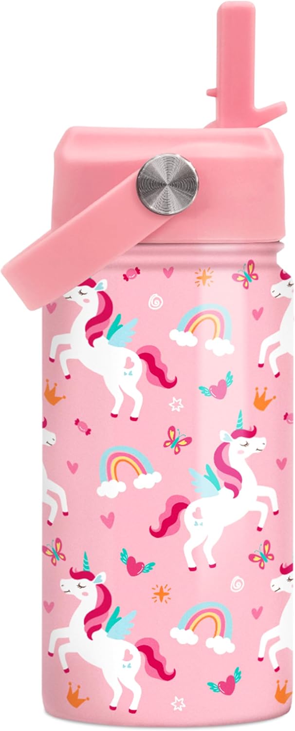 Skiennix Unicorn Water Bottle - 12 Oz Insulated Stainless Steel with Straw Lid | Perfect for Kids' School Sports