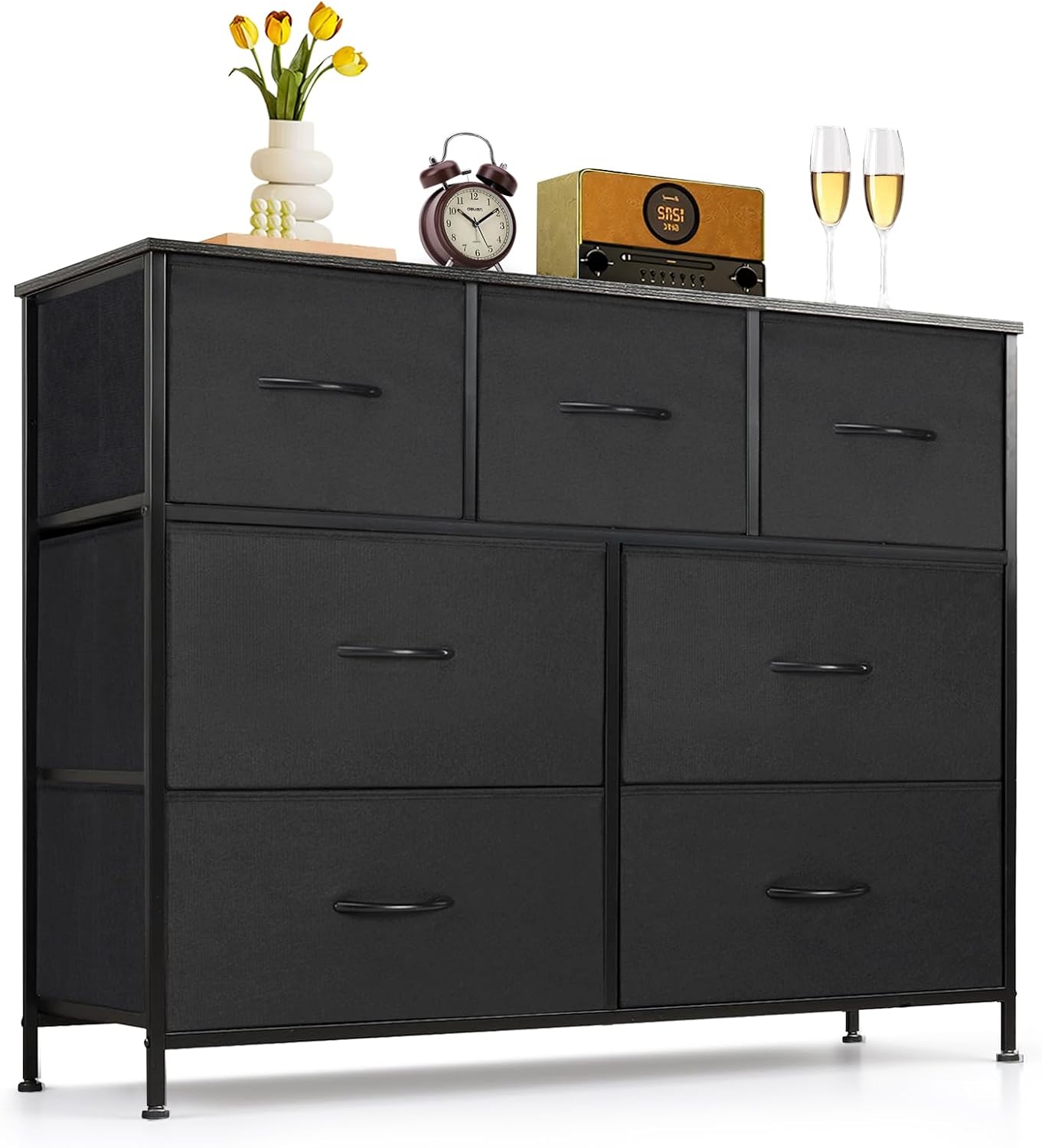 Skiennix 7-Drawer Dresser - Anti-Tip Storage Organizer with Wooden Top | Black Fabric Chest for Bedroom & Living Room