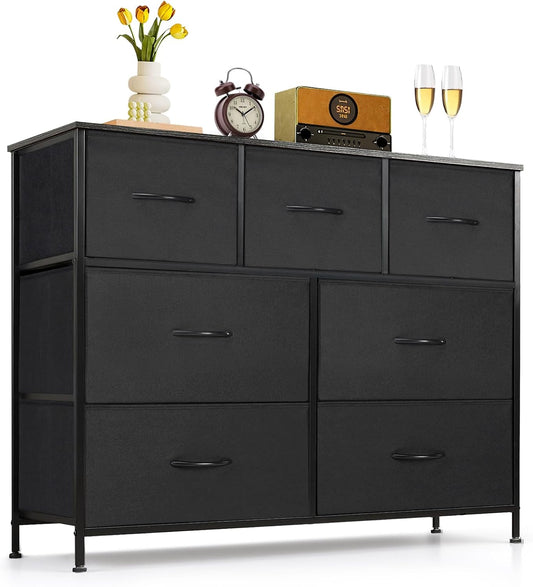 Skiennix 7-Drawer Dresser - Anti-Tip Storage Organizer with Wooden Top | Black Fabric Chest for Bedroom & Living Room
