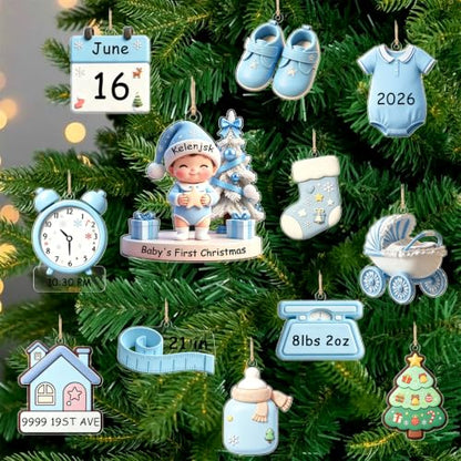 12 Pcs Baby's First Christmas Ornament Set - Blue Acrylic Flat Keepsake Decorations with Pen