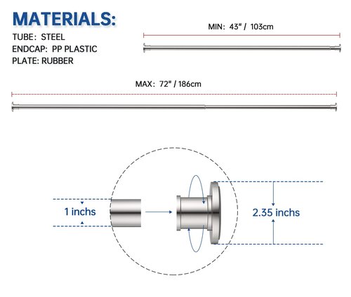 BRIOFOX Industrial Shower Curtain Rod - Rustproof Non-Slip 43-72 Inch 304 Stainless Steel Tension Curtain Rod for Window or Bathroom, Brushed Nickel