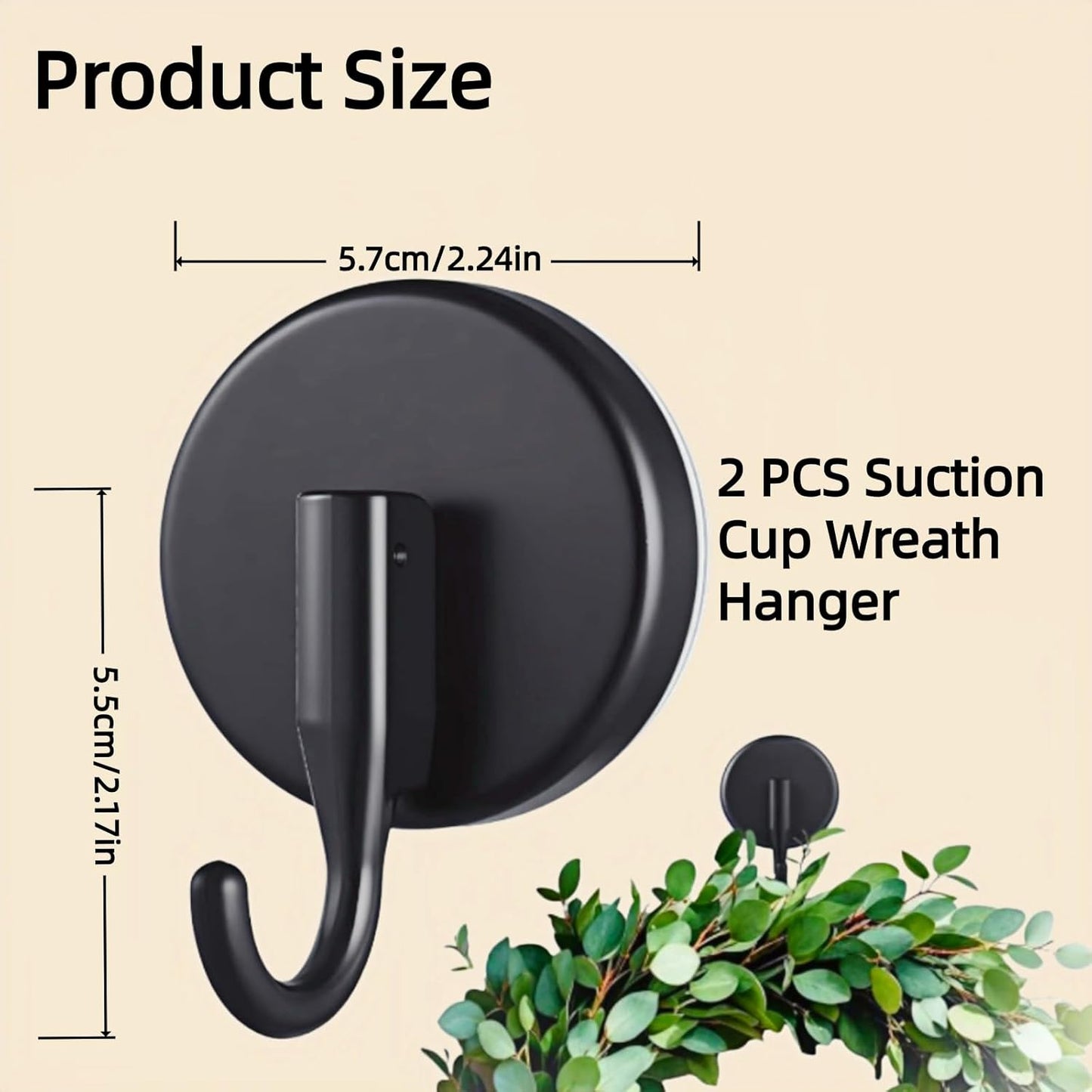 Skiennix Wreath Hanger Suction Hooks - 2 Pack Black Suction Cups for Glass & Metal | Versatile Wall Hooks for Towels & Holiday Decor