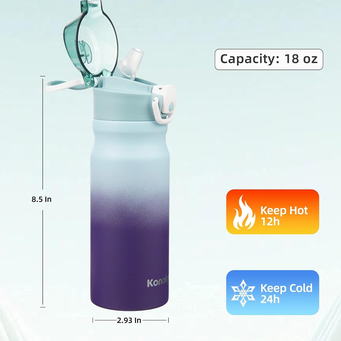 Skiennix Insulated Water Bottle - 18 Oz Stainless Steel Flask with Straw & Carry Loop | Ocean Dream