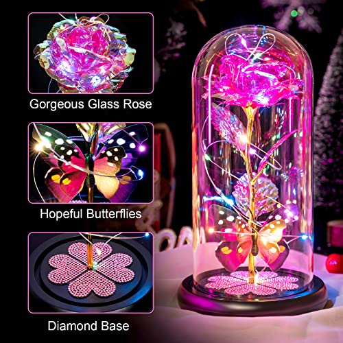 Pink Forever Glass Rose Gift with Butterfly & Heart Crystals - Birthday Gift for Women, Mom, Grandma, Wife, Girlfriend - D Pink
