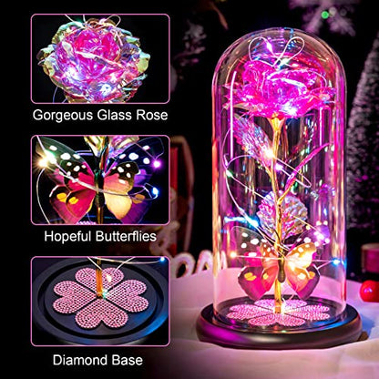 Pink Forever Glass Rose Gift with Butterfly & Heart Crystals - Birthday Gift for Women, Mom, Grandma, Wife, Girlfriend - D Pink