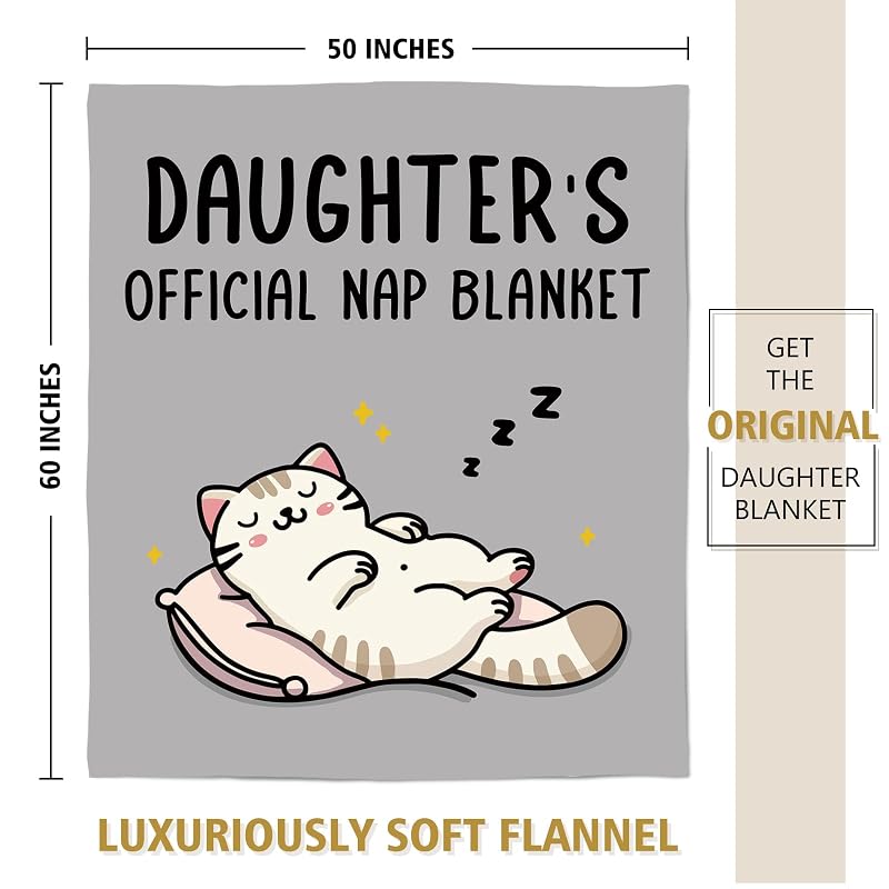 Daughter Nap Blanket - Grey 60x50 in | Cozy Flannel Fleece Throw with Sleepy Cat Design
