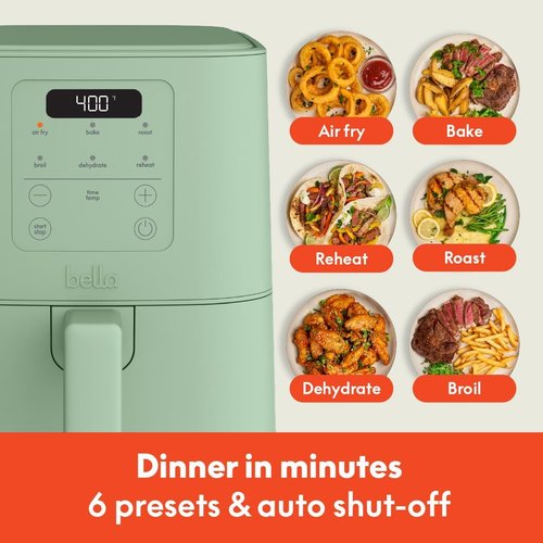 Bella 4Qt Slim Air Fryer - EverGood™ Ceramic Nonstick Coating, Adjustable Temp, 6 Cooking Presets, Seaglass