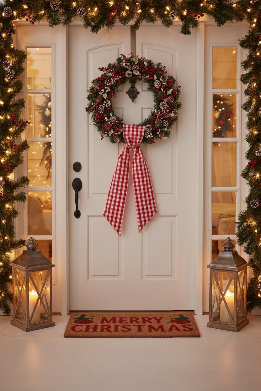 Red White Plaid Wreath - Sash Front Door Decoration for Christmas & Valentine’s Day | Farmhouse Home Decor