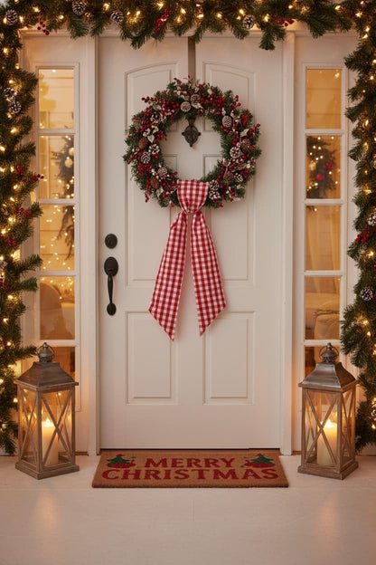 Red White Plaid Wreath - Sash Front Door Decoration for Christmas & Valentine’s Day | Farmhouse Home Decor
