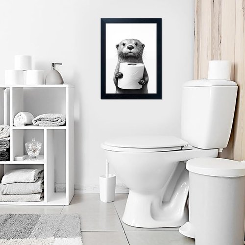 Funny Bathroom Wall Art by [Brand Name] - Raccoon Holding Toilet Paper | Framed Black and White Decor