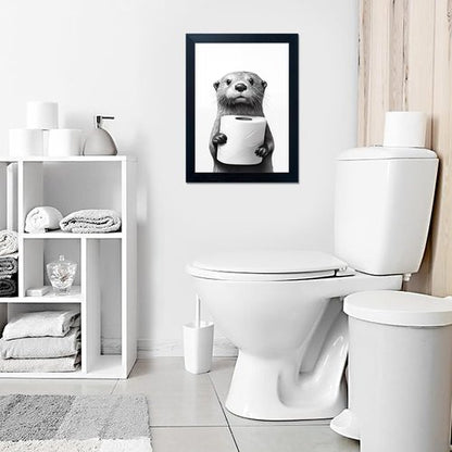 Funny Bathroom Wall Art by [Brand Name] - Raccoon Holding Toilet Paper | Framed Black and White Decor