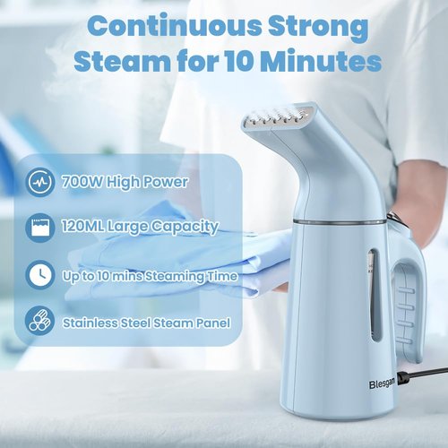 Blesgam Steamer for Clothes 700W, Fast Heat-up in 40S, 120ML Water Tank, 25g/min Strong Penetrating Steam, Portable Clothes Steamer Iron for Travel and Home(GY169-Blue)