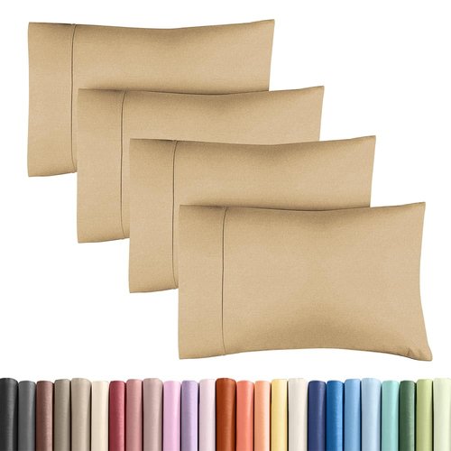 Standard Pillow Cases Set of 4 - Ultra Soft Hotel Quality Pillowcase Covers - Comfy Bedding for Women, Men, Kids & Teens - Machine Washable Pillow Protectors - 4 Piece - Standard Size Heathered Tan