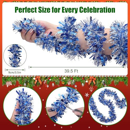 Blue Christmas Tinsel Garland 39.5 Ft Frosty Iridescent Holiday Decor