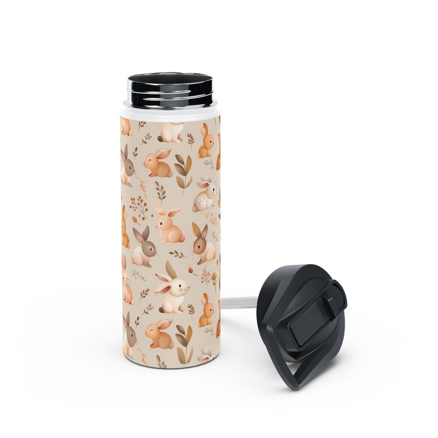 Insulated Water Bottle Thermos, 18oz, Cute Bunny Rabbits - Double Walled Stainless Steel, Keeps Drinks Hot or Cold