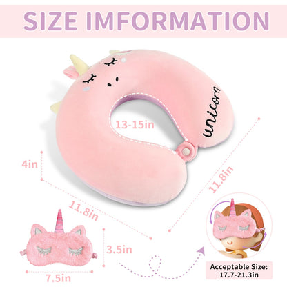 urnexttour Neck Travel Pillow for Kids, Unicorn Airplane Memory Foam Pillow with Cute Sleep Mask & Earplugs, Lightweight Travelling Sleeping Pillow Set for Car, Train, Bus and Home Use (Pink)