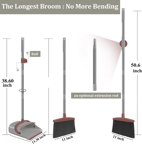 Ivandar Broom and Dustpan Combo Set - 50.6-Inch Long Handle for Effortless Cleaning | Brown and Gray