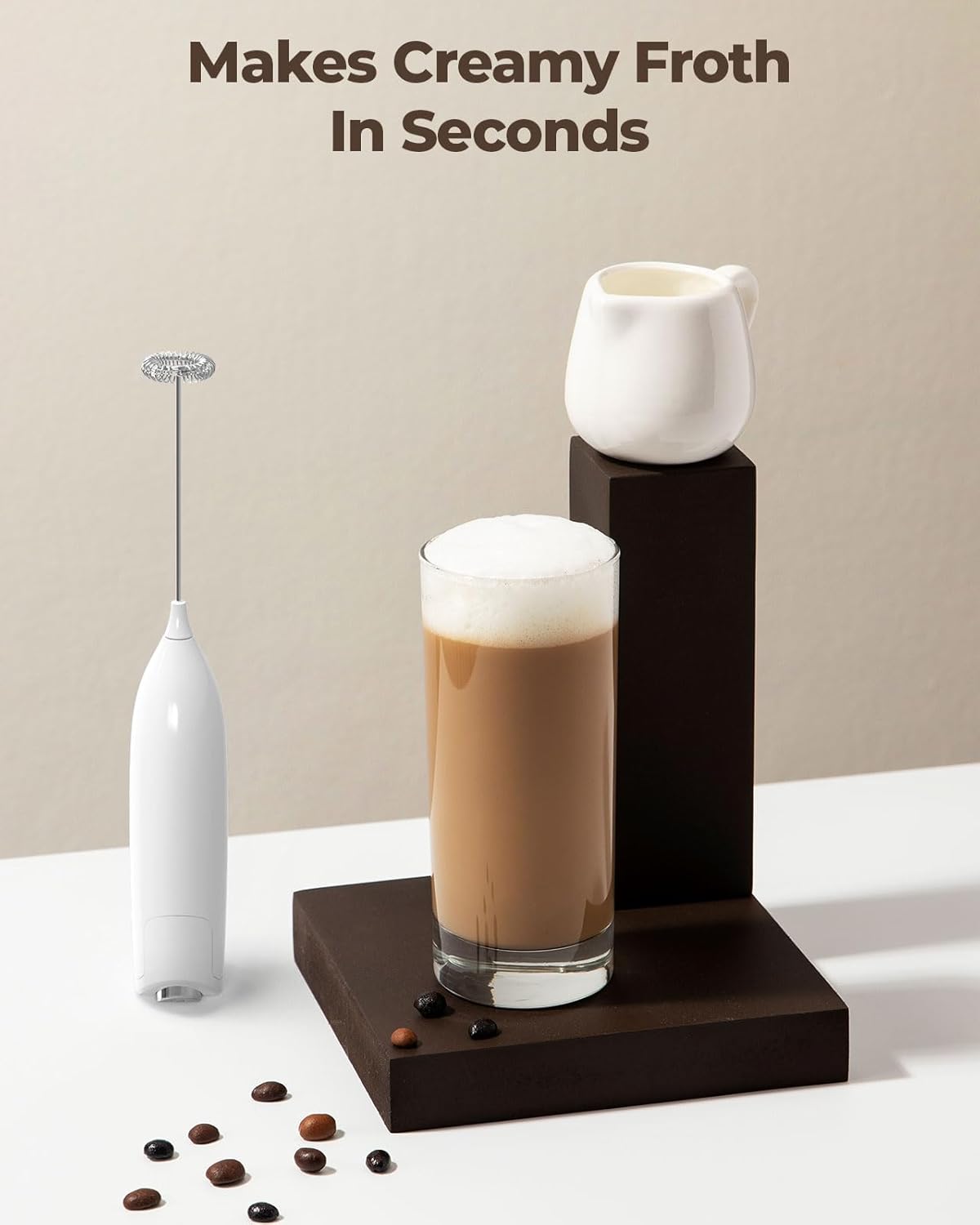 SimpleTaste Milk Frother - Handheld Electric Foam Maker for Cappuccino & Latte - Blizzard White