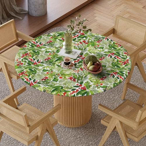 Fitted Christmas Tablecloth 45-56 Inch Round, Holly Fruits Green, 60 Inch