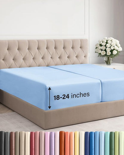 Extra Deep Split King Fitted Sheet - Hotel Luxury Single Fitted Sheet Only - Easily Fits 18 inch to 24 inch Mattress - Ultra Soft, Wrinkle Free w/Extra Deep Pockets - Breathable & Comfy - Light Blue