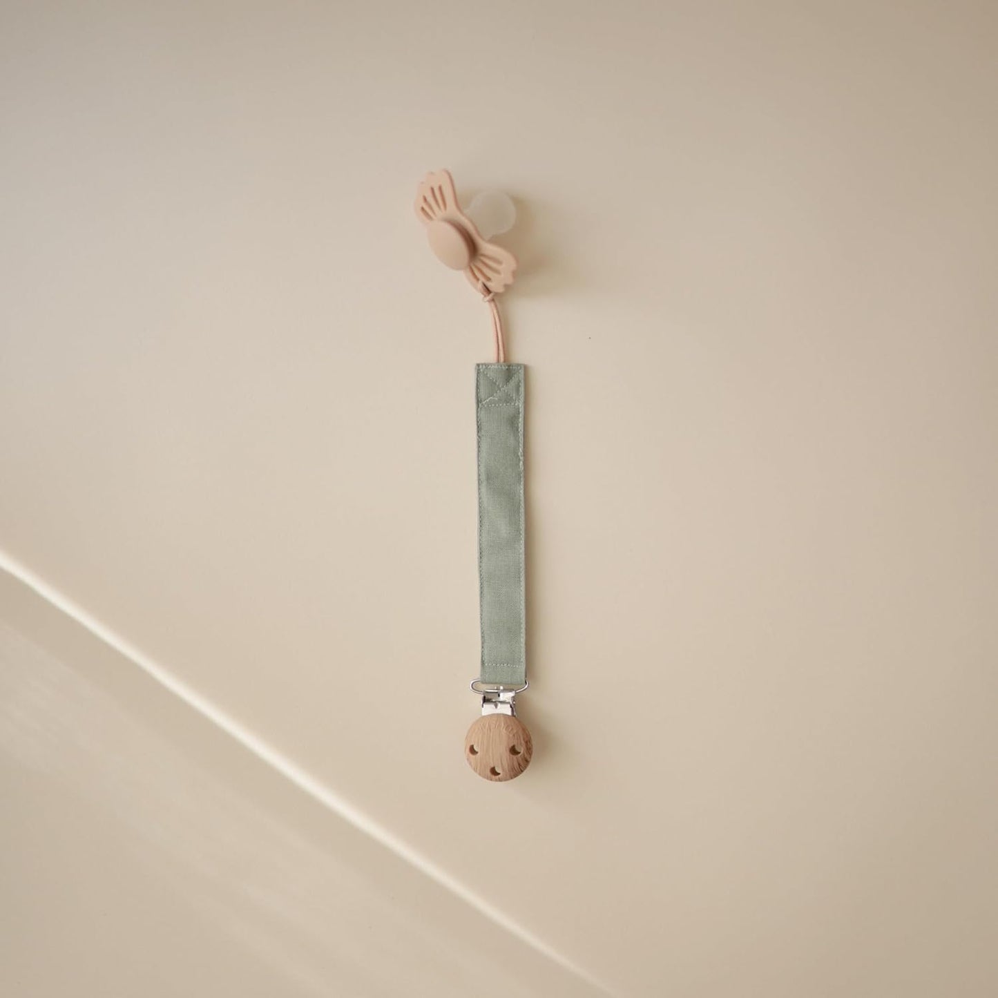 Mushie Linen Baby Pacifier Clip Holder - Soft Fabric Strap, 2-Pack in Olive & Shifting Sand