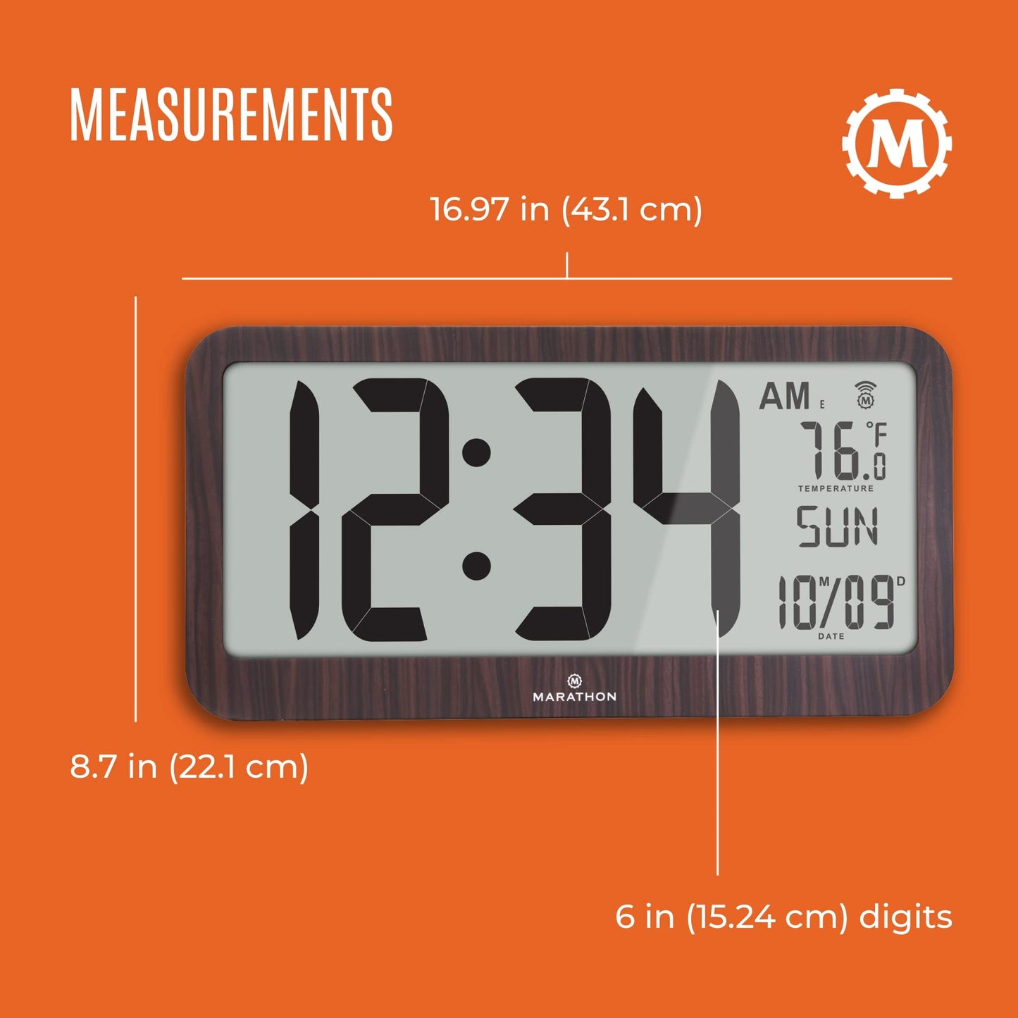 MARATHON Slim Jumbo Panoramic Atomic Wall Clock with Date & Temperature, Wood Grain - Large 17-Inch Display - AM/PM or 24-Hour Time Format, Eight Time Zones - Four AA Batteries Included