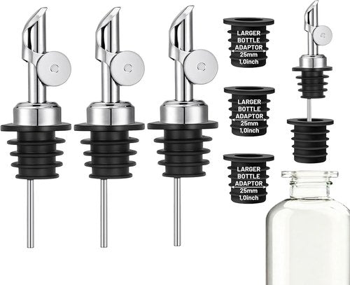 3 Pack Olive Oil Pour Spout with Adapters, Oils Pourer for Olive Oil Dispenser Bottle, Easily Turn Your Bottles into Dispensers for Liquor, Vinegar, Oils, Syrup, Liquor Bottle Pourers, Silver