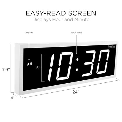 Ivation 24" Digital Wall Clock with Big LED Display, Timer & 8 Alarms - White