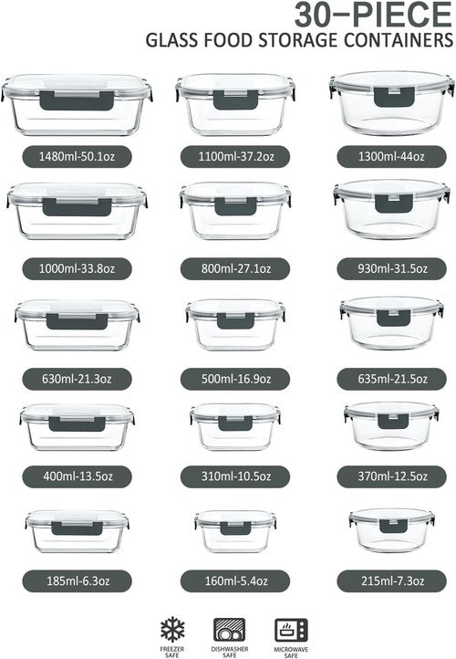 MCIRCO Glass Food Storage Containers - 30-Piece Airtight Meal Prep Set with Snap Locking Lids | Microwave & Oven Safe