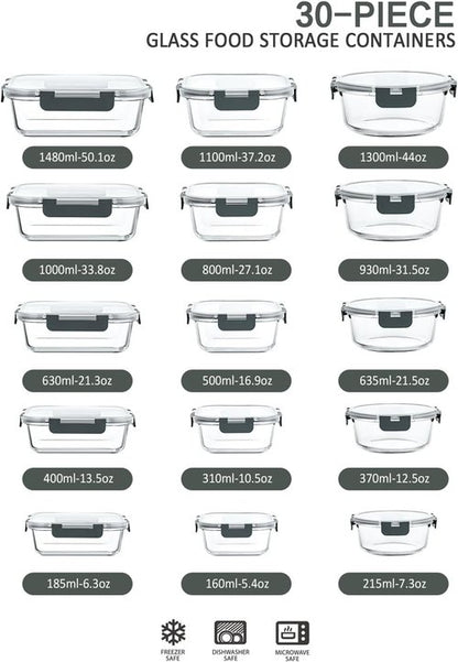MCIRCO Glass Food Storage Containers - 30-Piece Airtight Meal Prep Set with Snap Locking Lids | Microwave & Oven Safe