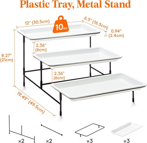 Lifewit 3-Tier Serving Tray - Elegant White Plastic Dessert Display Stand | 30 x 17 cm with Black Metal Base