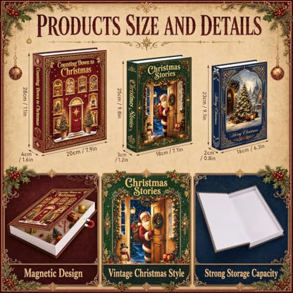 Christmas Faux Book Storage Boxes Set - 3 Decorative Holiday Book Boxes - Variation of Christmas