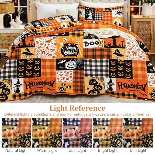 Halloween Quilt Set Queen - Orange Pumpkin Patchwork Bedspread with Witches & Jack-o'-Lanterns