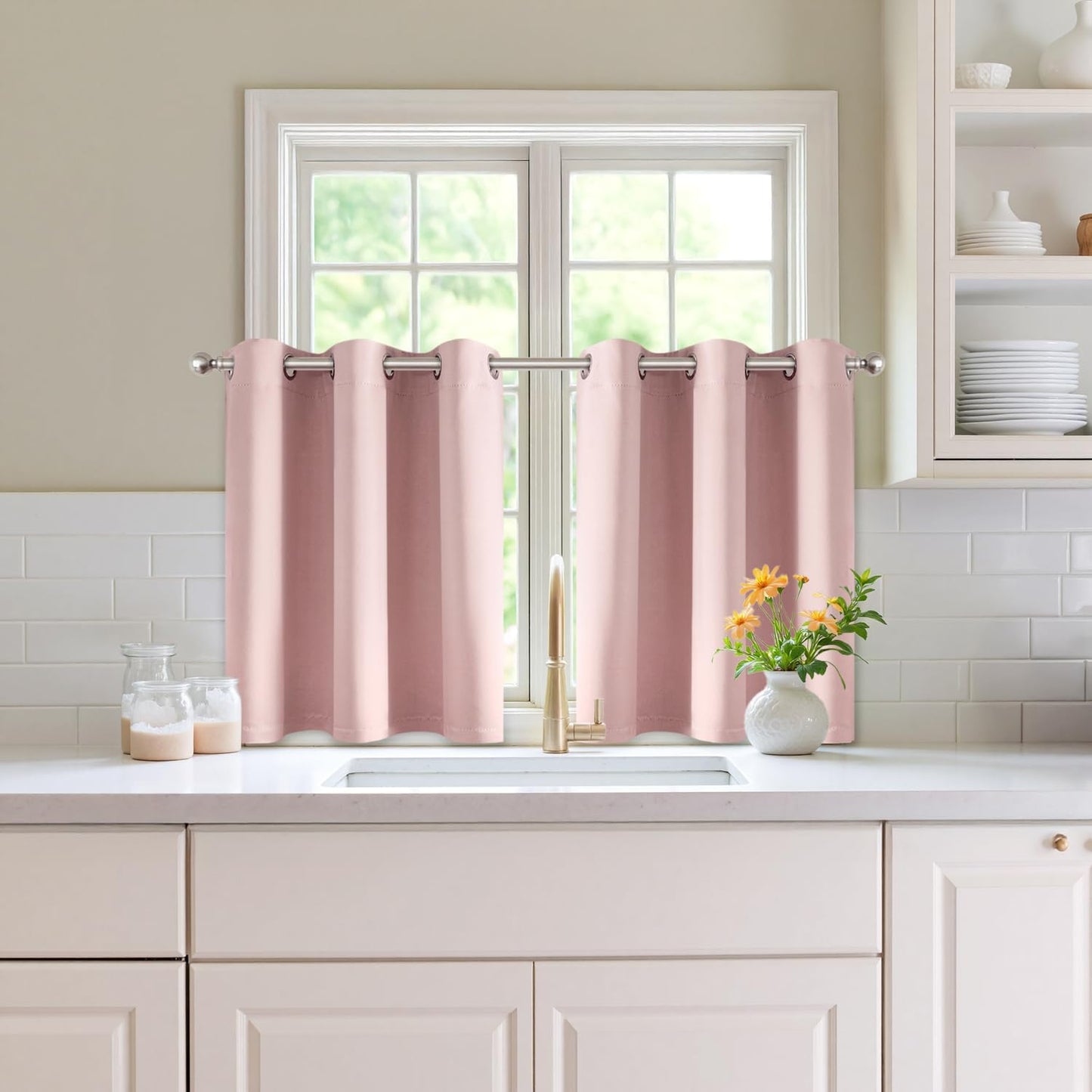 MIULEE Short Curtains - Baby Pink Blackout Thermal Insulated Drapes for Kitchen & Bedroom | 40" x 36" 2 Panels