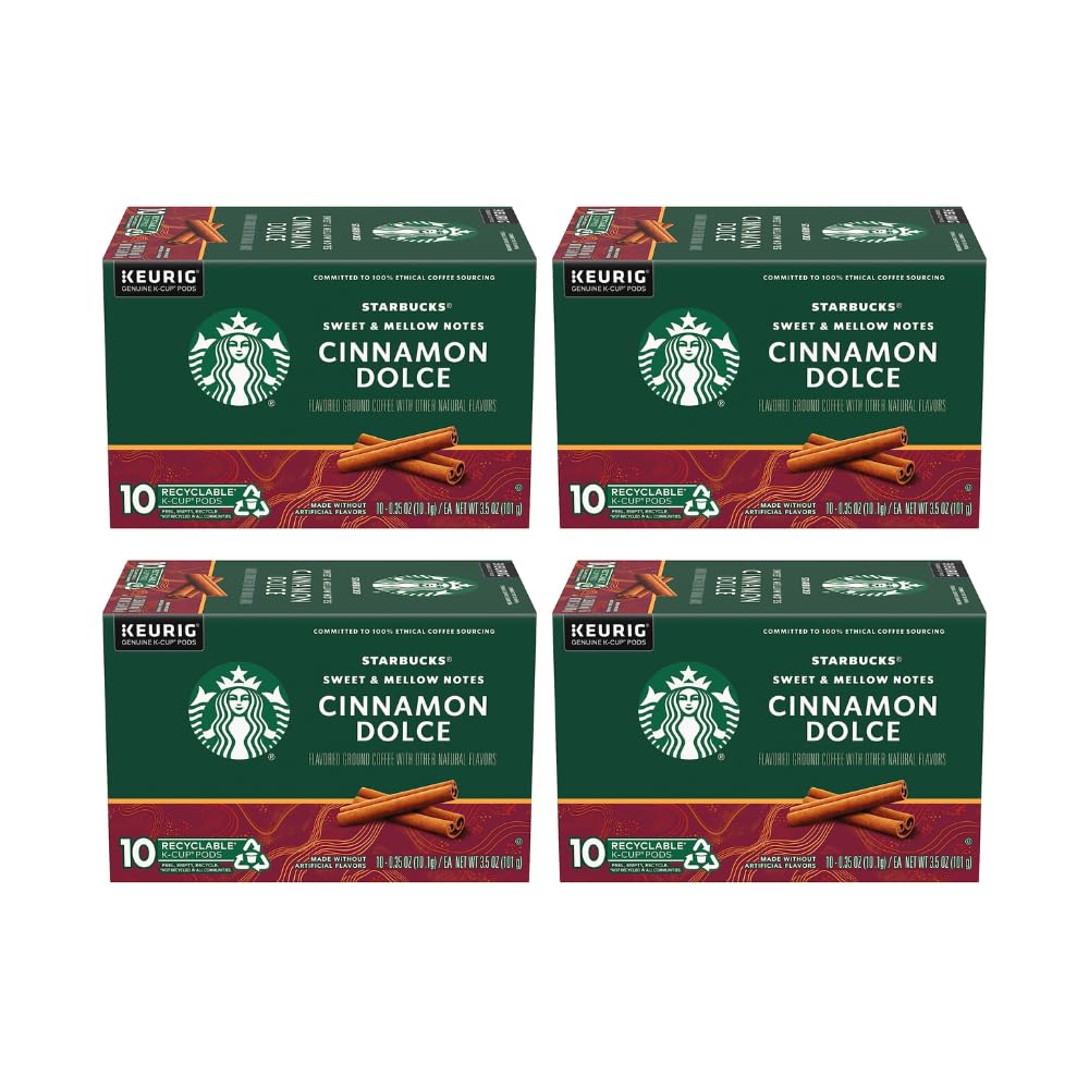 Starbucks K-Cup Pods - Cinnamon Dolce Flavored Coffee with Sweet Notes | 10 Recyclable Pods per Pack (4 Packs)