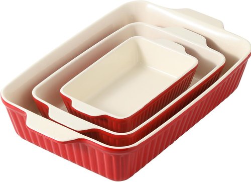 DOWAN Casserole Dishes - Set of 3 Rectangular Ceramic Baking Dishes, 135 Oz Capacity, Red (15.6''/12.2''/8.9'')