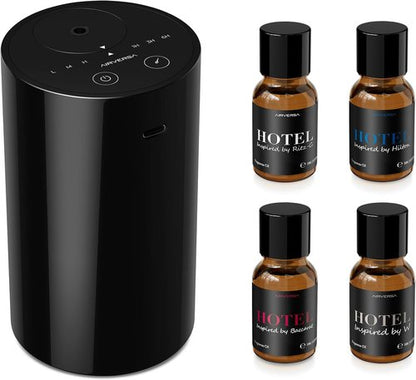 Airversa Waterless Essential Oil Diffuser Kit - Portable Battery Operated Mini Scent Machine with 4 x 10mL Hotel Fragrance Oils | AN8 Black