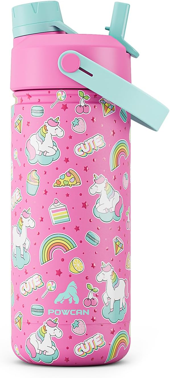 Skiennix 18 oz Kids Water Bottle - Leakproof Insulated Stainless Steel | 2-in-1 Straw Spout Lid, Cute Unicorn Design