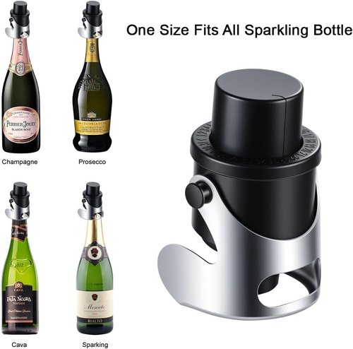 Champagne Stoppers for Bottles Stainless Steel with Built-in Pump Prosecco Bottle Sealer Stopper Saver 2 Pack