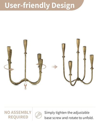 Tall Cast Iron Candle Holder Set – 5-Arm Candelabra in Matte Gold