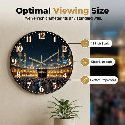 Silent 12-Inch Wooden Wall Clock with Kaaba Night Scene – 1pc Variation