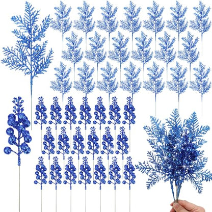 Dark Blue Glitter Berries & Pine Needles Christmas Stems, 80 Pcs
