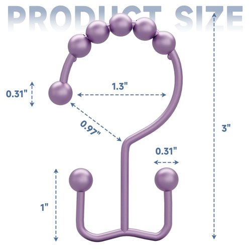 Titanker Shower Curtain Hooks Rings, Rust-Resistant Metal Double Glide Shower Hooks for Bathroom Shower Rods Curtains, Set of 12 Hooks - Greyish-Purple