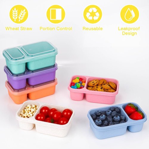 DOSEWART Reusable Snack Containers - 2-Compartment Wheat Straw Meal Prep Packs | 6-Pack for On-the-Go Snacking