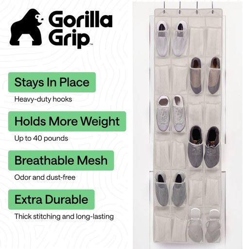 GORILLA GRIP Over The Door Shoe Organizer - 24 Large Breathable Mesh Pockets | Space-Saving Storage Solution