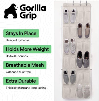 GORILLA GRIP Over The Door Shoe Organizer - 24 Large Breathable Mesh Pockets | Space-Saving Storage Solution
