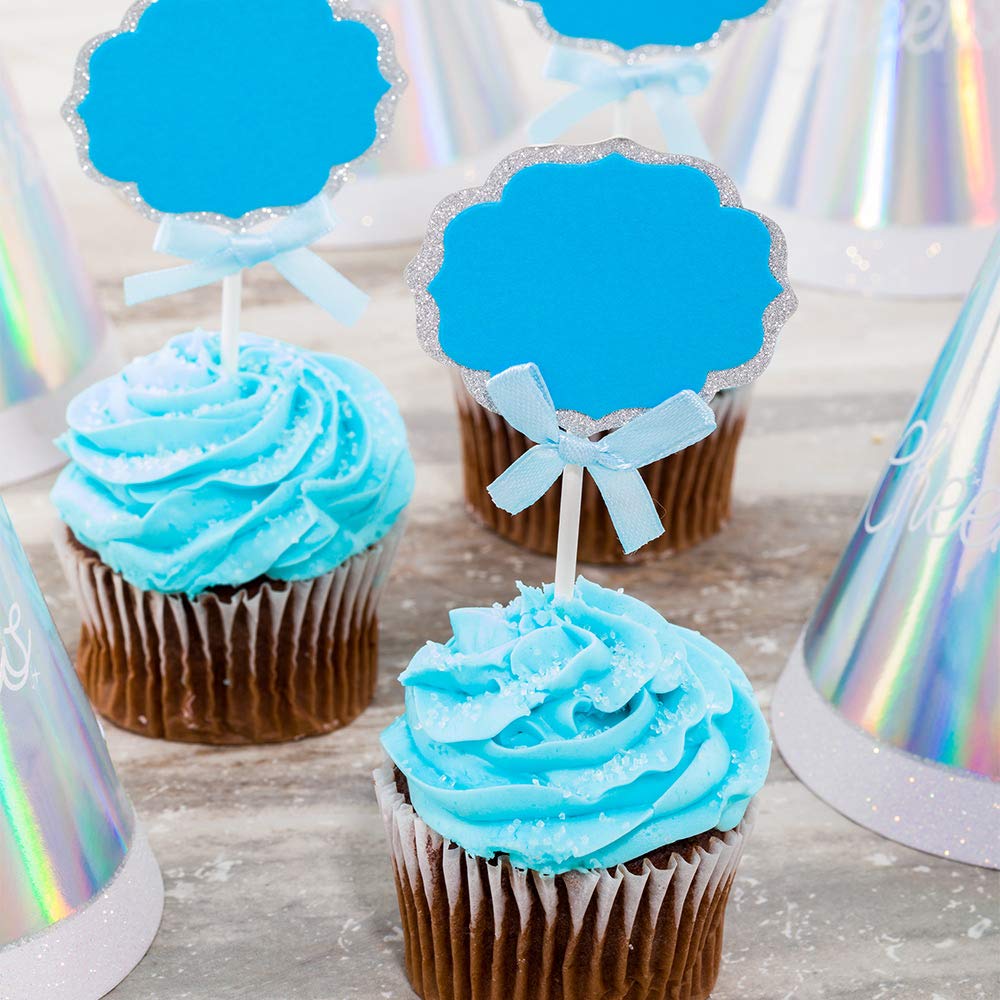 Restaurantware Top Cake 4.5 X 2.5 Inch Cake Toppers 10 DIY Cake Topper Inserts - Sturdy With Glitter Rim Blue And Silver Paper Cake Decoration Birthday Baby Shower Wedding Supplies