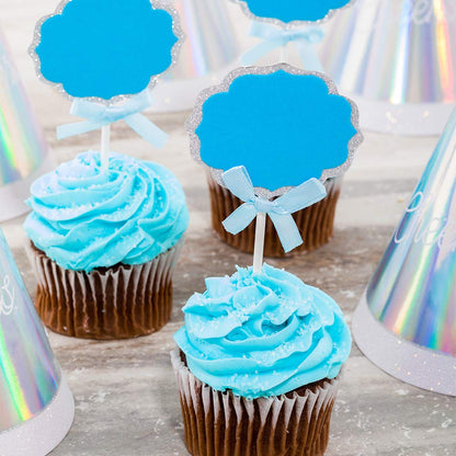 Restaurantware Top Cake 4.5 X 2.5 Inch Cake Toppers 10 DIY Cake Topper Inserts - Sturdy With Glitter Rim Blue And Silver Paper Cake Decoration Birthday Baby Shower Wedding Supplies