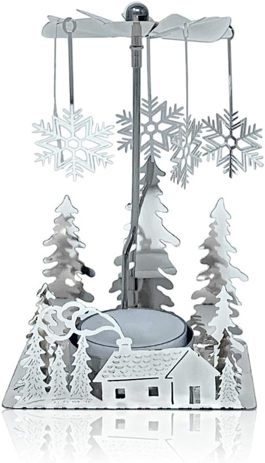 Skiennix Winter Holiday Cabin Silver Candle Spinner - Silver Plated Laser Cut Scene - 5" Tea Light Holder